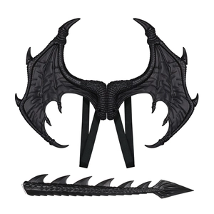 Kids black dragon costume set with textured wings and spiked tail for Halloween cosplay