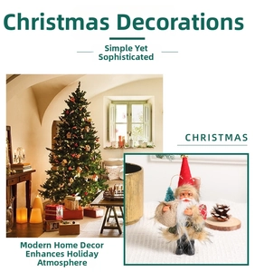 Detail of Nordic Santa Claus figurine with a burlap gift bag next to a Christmas tree