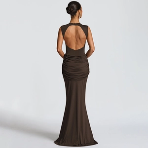 Detail of deep brown backless maxi dress with stylish waist ruching and back tie design