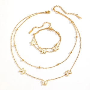 Golden double-layer stainless steel necklace and bracelet set with white butterfly charms