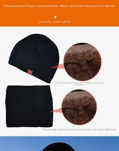 Detail view of winter knitted beanie set featuring thick warm fleece lining and cable pattern