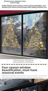 Close-up of golden Christmas tree window decals with Merry Christmas text on a shop glass window