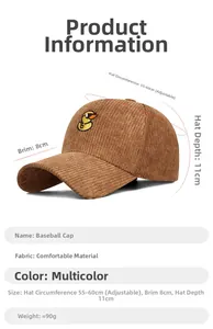 Detailed size chart for corduroy baseball cap with adjustable duck embroidery design