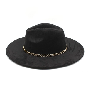 Detailed close-up of a black suede wide brim fedora hat with a stylish gold chain band accent