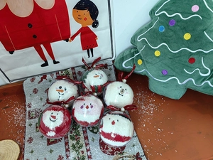 Set of six Christmas themed spherical gift boxes containing cozy plush socks as ornaments