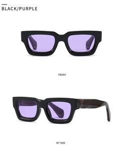 Detailed front and 45-degree side views of black square sunglasses with purple lenses