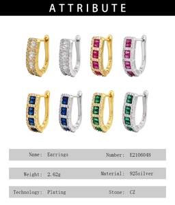 Detailed spec chart for S925 sterling silver hoop earrings with colorful CZ stones