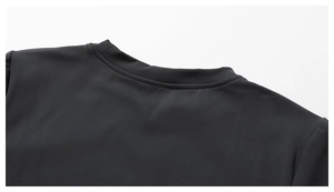 Close-up of the reinforced neckline and stitching on a black brushed yoga set