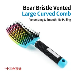 Rainbow curved vent hairbrush with boar bristles and ergonomic anti-slip blue handle