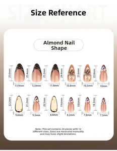 Size chart for almond-shaped press-on nails with 3D floral and leopard print design
