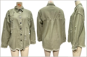 Detail view of army green distressed denim jacket with frayed hem and ripped textures