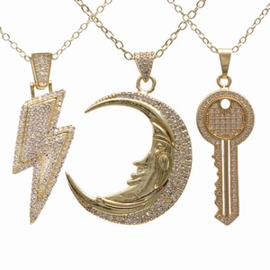 Koperen Micro-Zirkonia Hanger Ketting Hip Hop Stijl Voor Mannen Vrouwen Verguld Bliksem Maan Sleutel Kruis Sieraden Cadeau