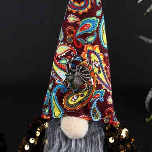 Halloween faceless gnome doll with paisley hat, spider charm and black sequin body decor