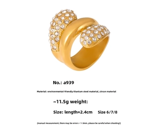 Detailed view of chunky 18K gold plated titanium ring with water drop zircon inlays