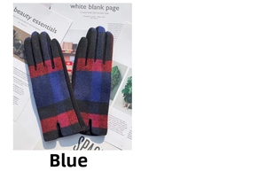 Close-up of blue plaid winter gloves featuring soft knit texture and stylish slit cuff detail