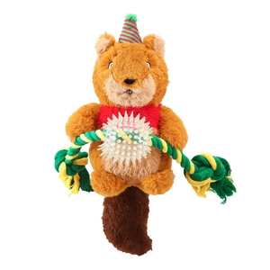 Christmas squirrel plush dog toy with cotton rope and TPR chew ball for pet dental health