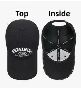 Detailed view of black baseball cap with 1986 3D embroidery and reinforced inner seams