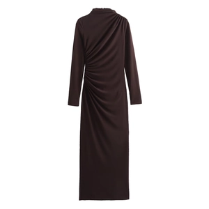 Detail of elegant coffee brown midi dress with long sleeves and side ruched draping