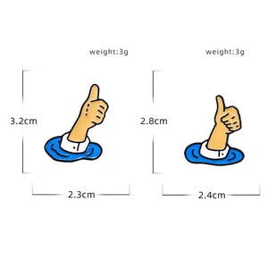 Cute cartoon thumbs up enamel pins with dimensions and 3g weight on white background