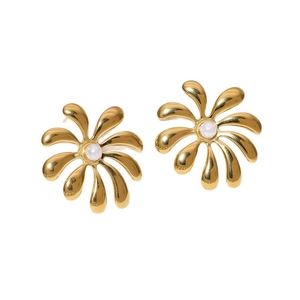 Boucles d'oreilles fleurs en acier inoxydable plaqué or 18 carats avec perles