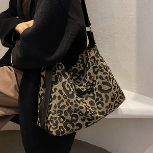 Leopard print woven shoulder bag with black strap stylish large capacity tote for women