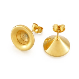 Macro detail of polished gold-plated stainless steel stud earrings with butterfly backing