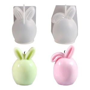 Easter rabbit silicone mold for DIY scented candles showing upright and folded ear bunnies