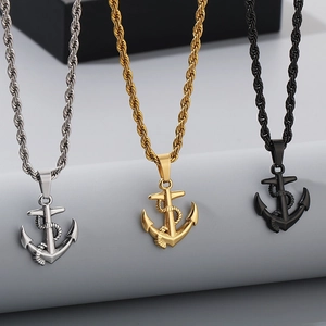 Men's titanium steel anchor pendant necklaces in silver, gold, and black finishes