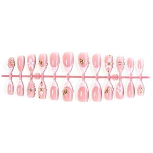 Lot de 24 faux ongles French roses avec perles 3D, fleurs et breloques de coquillages