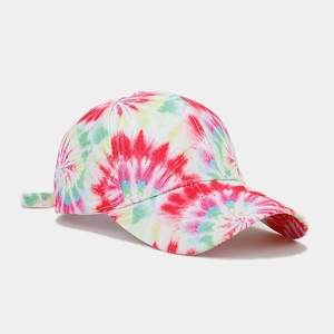 Detail of colorful tie-dye baseball cap featuring vibrant multi-color swirls on white fabric