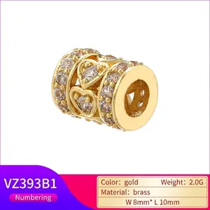 Gold hollow heart charm bead in brass with sparkling pavé cubic zirconia inlay