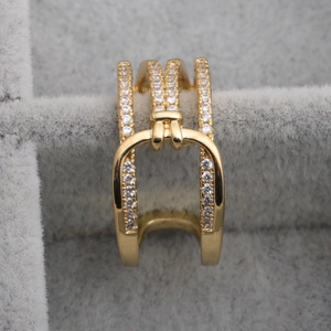 Fashionable multilayer golden ring with micro-pave cubic zirconia and adjustable open band