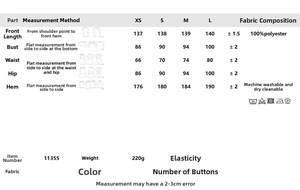 Size chart showing XS to L dimensions and polyester fabric care for printed midi dress