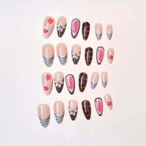 Almond fake nails set with 3D floral accents, zebra stripes and leopard prints