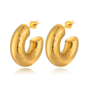 Vintage Chunky C Shape Hoop Earrings For Women 18K Gold Plated Stainless Steel Hollow Textured Minimalist Fashion Jewelry