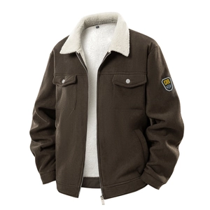 Herren Cordjacke in Dunkelbraun mit weißem Lammfellkragen und Reißverschluss