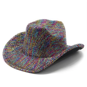 Rainbow gradient woven western cowboy hat with wide brim in metallic yarn style