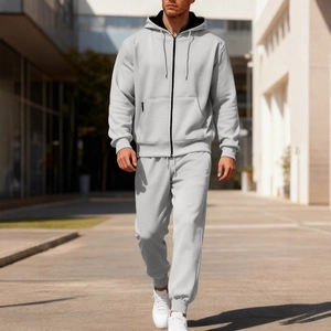 Men's light grey fleece tracksuit featuring a zip-up hoodie and drawstring jogger set