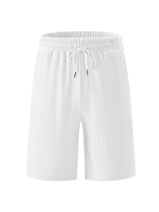 Close-up detail of white corduroy shorts showing elastic waistband and drawstring