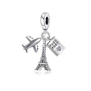Silver travel charm bead with airplane, Eiffel Tower and passport pendant for DIY bracelets