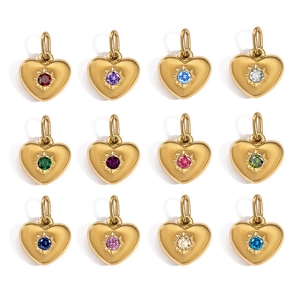 Detail view of 12 gold heart pendants with assorted colorful birthstone crystals