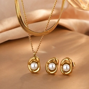 Set di Gioielli in Acciaio Inossidabile con Perle Artificiali Donna Vintage Collana a Catena Piatta Stratificata Orecchini Oro