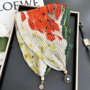 Pleated floral silk scarf necklace with orange flowers and camellia pearl pendant