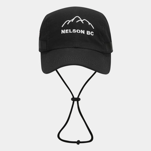 Quick-dry black baseball cap with mountain embroidery and adjustable windproof chin strap