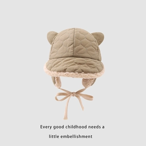 Detail of khaki kids aviator hat with plush fleece lining and cute bear ears