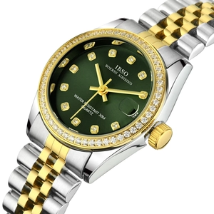 Luxury quartz watch for women with green dial, crystal indices and diamond bezel