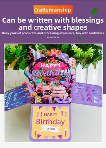 Detailed 3D pop-up birthday card with a purple gift box design and paper cut cake elements