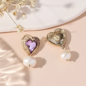Vintage S925 silver earrings with purple gemstone heart and white pearl drop accents