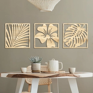 Lot de 3 décorations murales en bois avec découpes de feuilles tropicales et de monstera