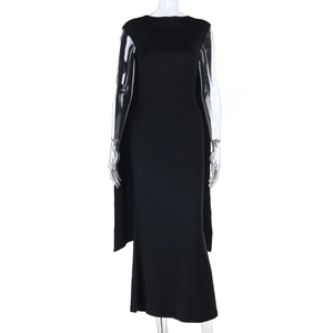 Detailed front view of black slim-fit sleeveless evening dress on transparent mannequin